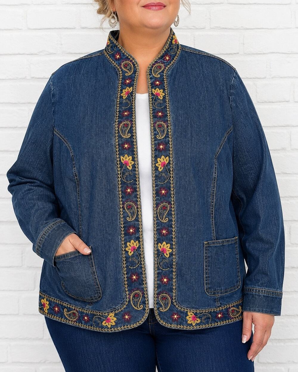 Alfred Dunner Women 20W Embroidered Denim Jacket Floral Paisley Open Front Plus